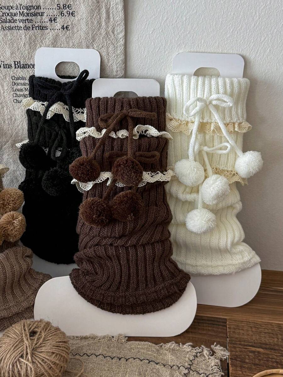 1/6双装 女士彩色绒球装饰蕾丝边可爱百搭保暖加厚过膝腿套，学院风，适合春、秋、冬季穿着 - 彩色 - 查看 1