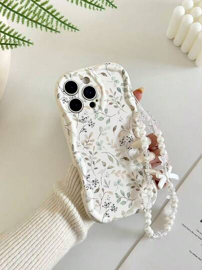 Cream Textured Wavy Edge Gloss Oil Ditsy Floral Painted Anti-Drop Phone Case With Beaded Bracelet Accessory, Compatible With IPhone 17pro/17Air /17/17promax16/11XR/7G/8P, Galaxy S25/S25PLUS/S25 Ultra/A16/A36/A26/A56/A50/A12/A32/A52/A72/A51, 11/12Pro/12/12X/13Pro/14Pro/15Pro, Compatible With Redmi 10/9/Note9/12c/Note11pro/Note8Pro