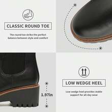 ZIITOP Womens Chelsea Wedge Boots Elastic Platform Slip On Waterproof Ankle Booties - Black Leather - View 4