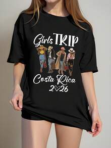 Camiseta de manga corta con cuello redondo de estilo casual y vacacional en talla grande, con estampado de chica 2026 - Suave y transpirable, adecuada para camisetas casuales de verano y primavera - Ropa regular de mujer de talla grande, camiseta estampada para mujer - Negro - Ver 1