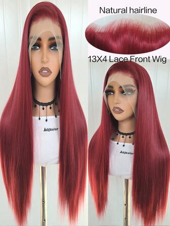 13x4 长直 24 英寸勃艮第蕾丝前假发，蕾丝前合成假发，带预拔发际线，耐热纤维头发，丝滑直发假发，适合女性、角色扮演、派对、日常使用