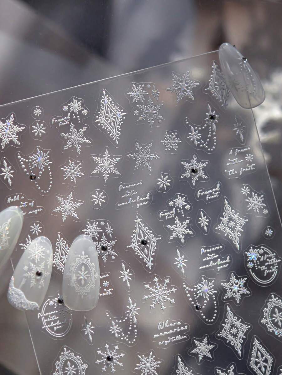 1片装冬季天鹅绒雪花水钻白色奢华梦幻5D美甲贴纸，自粘式按压美甲贴，适合女性优雅节日美甲装饰，可用于圣诞节、新年派对 - 彩色 - 查看 1