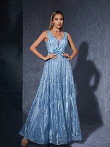 V领串珠刺绣蕾丝长裙，饰有3D贴花和褶皱细节 - 藍色 - 查看 6