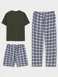 Men Plaid Printed Casual Regular T-Shirt & Pants & Short Homewear Set - Army Green - View 2
