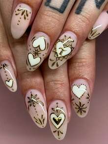 24 piezas de uñas postizas clásicas y minimalistas con formas de corazón, luna, estrella, francés y línea en color dorado metálico con forma de almendra, adecuadas para el Día de San Valentín, Año Nuevo, fiestas, bailes y ocasiones casuales, reutilizables y fáciles de quitar. Incluye pegamento de gelatina y lima de uñas. - Multicolor - Ver 14