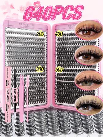 592/640片C/D卷度单根假睫毛，带粘合剂和密封剂，镊子，眼部刷，DIY眼妆，在家轻松打造美丽妆容，高容量分段式假睫毛，放大双眼，DIY狐狸眼/猫眼妆假睫毛教程，柔软自然的浓密假睫毛+镊子+眼部刷套装，大容量持久假睫毛，适合角色扮演、婚礼、户外、旅行、派对，新手友好，学生返校化妆工具