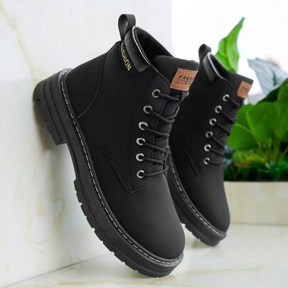 Men's High-Top Leather Riding Boots, Warm Thick Sole Increase Height Lace-Up Round Toe Mid-Calf Boots, Slip-Resistant , Suitable For Outdoor, Hiking, Casual Wear, Fashion , Plus Size 48