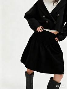 Women Y2K Pleated Midi Skirt High Waist A-Line Solid Color Long Skirt Vintage Going Out Skirts Fall Streetwear - 黑色 - 查看 1