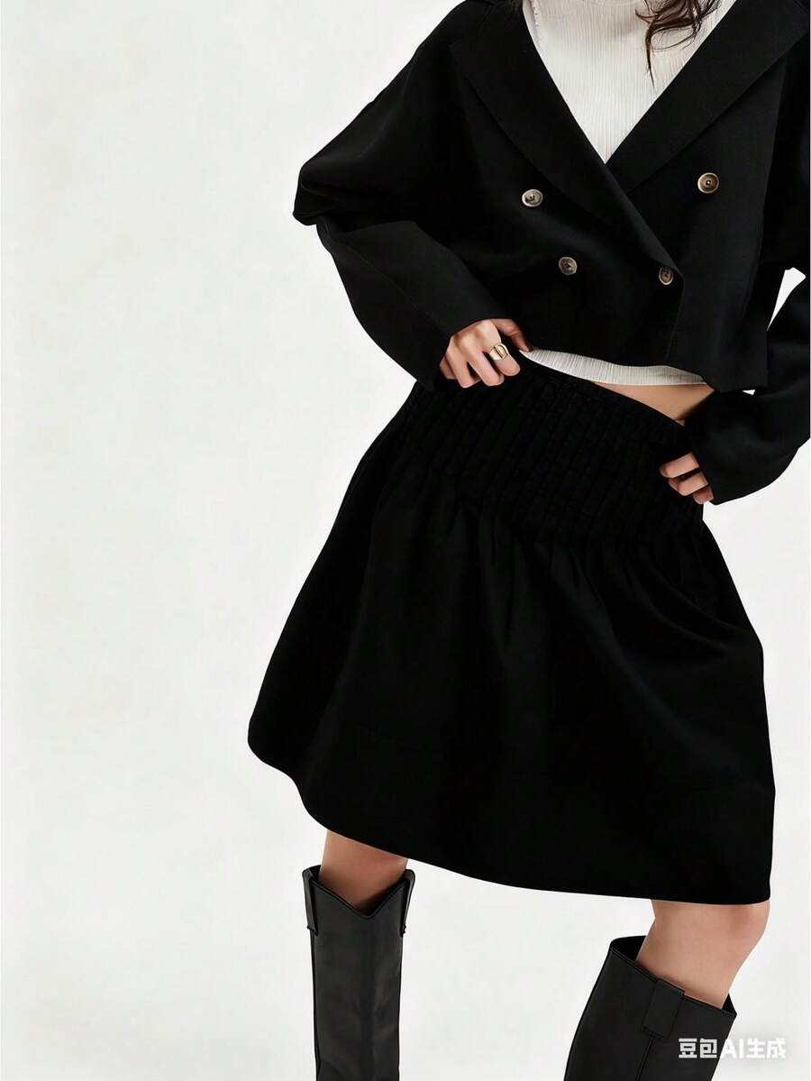 Women Y2K Pleated Midi Skirt High Waist A-Line Solid Color Long Skirt Vintage Going Out Skirts Fall Streetwear - 黑色 - 查看 1