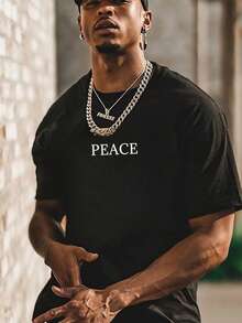 男士宽松鸽子图案及英文印花圆领短袖T恤 | 精致设计 | 夏季必备 | 易于搭配 - 黑色 - 查看 6