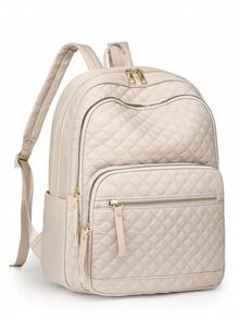 Ransel Wanita Bahan Nylon Warna Polos Berbahan Quilted, Kapasitas Besar, Serbaguna, Ransel Minimalis Kasual untuk Pelajar, Tas Perjalanan, Tas Komuter - Krem - View 8
