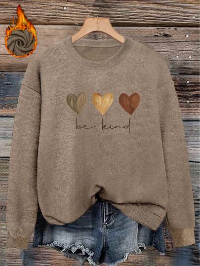 Soft Style Tri-Color Heart "Be Kind" Print Sweater, Healing Niche Design Top, Plus Size Women's Winter Sweater, Plus Size Fashion, Plus Size Comfortable Crew Neck Pullover, Skin-Friendly Soft, Machine Washable, Casual Yet Elegant, Suitable For Autumn/Winter, Non-Bulky Neckline