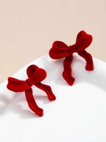 1 Pair Retro Flocked Bow Stud Earrings, European And American Fashion Style, Suitable For Daily Wear, Valentine's Day Gift, Gift For Girlfriend, Mother - Red - View 3