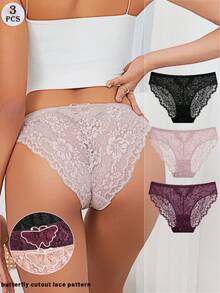 FINETOO 3件套女士精致蕾丝图案蝴蝶镂空丁字裤，浪漫优雅女士内衣 - 彩色 - 查看 4