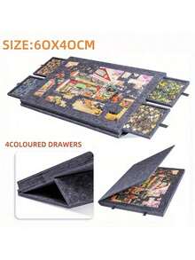 1 套可折叠/立式拼图板毛毡垫，带 4 个抽屉，适用于最多 500 块的拼图游戏，便携式可折叠大拼图垫 - 深灰色 - 查看 7