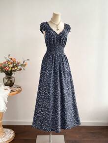 Rusttydustty 波西米亚风女士V领荷叶边红色碎花连衣裙，圣诞节、新年、情人节度假装 - 藏蓝色 - 查看 3