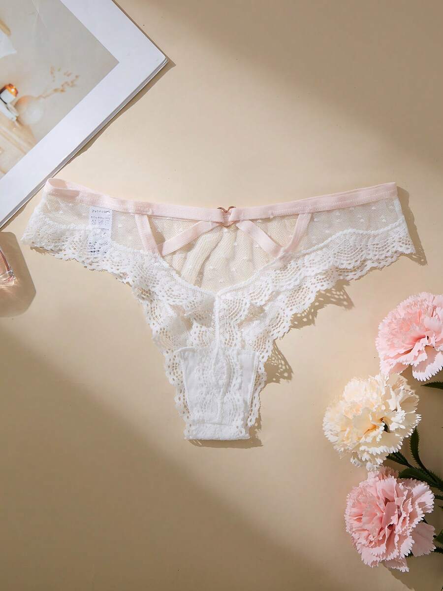 Lace Polka Dot Mesh Sheer Low-Waist Thong T-Shirt For Women Sexy Lingerie - White - View 1