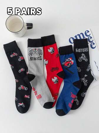 5 par herrstrumpor, flerfärgade, lämpliga för alla årstider, tecknade motorcykel- och bokstavsmönster i retrostil, mångsidiga, mjuka, bekväma, fukttransporterande, avslappnade vadstrumpor