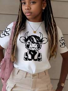 Tween Girl Cartoon Graphic Print Round Neck Short Sleeve T-Shirt - White - View 1