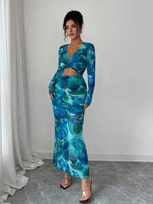 Rochie elegantă de damă, casual, cu mânecă lungă, înnodată, răsucită, decupată și crăpată, pentru birou, călătorii și plajă - Verde - Vizualizare 5