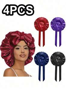 Women's Satin Hair Bonnet, Elastic Strap, Silky Smooth Colored Hair Cap, Casual Home Daily Hair Care Cap, Crown Mesh Hair Accessory, Christmas Gift Sleep Bonnet - Multicolor - View 4