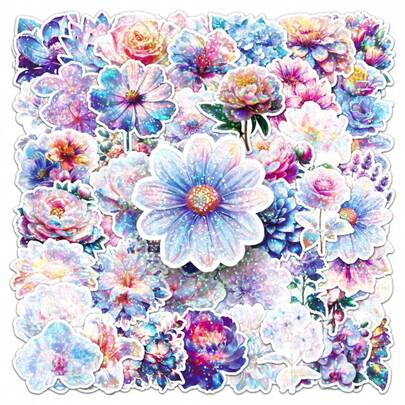 50张彩色花朵贴纸，闪光激光花卉植物贴纸，DIY装饰贴纸，适用于剪贴簿、水瓶、手机、笔记本电脑、返校礼物、节日派对装饰