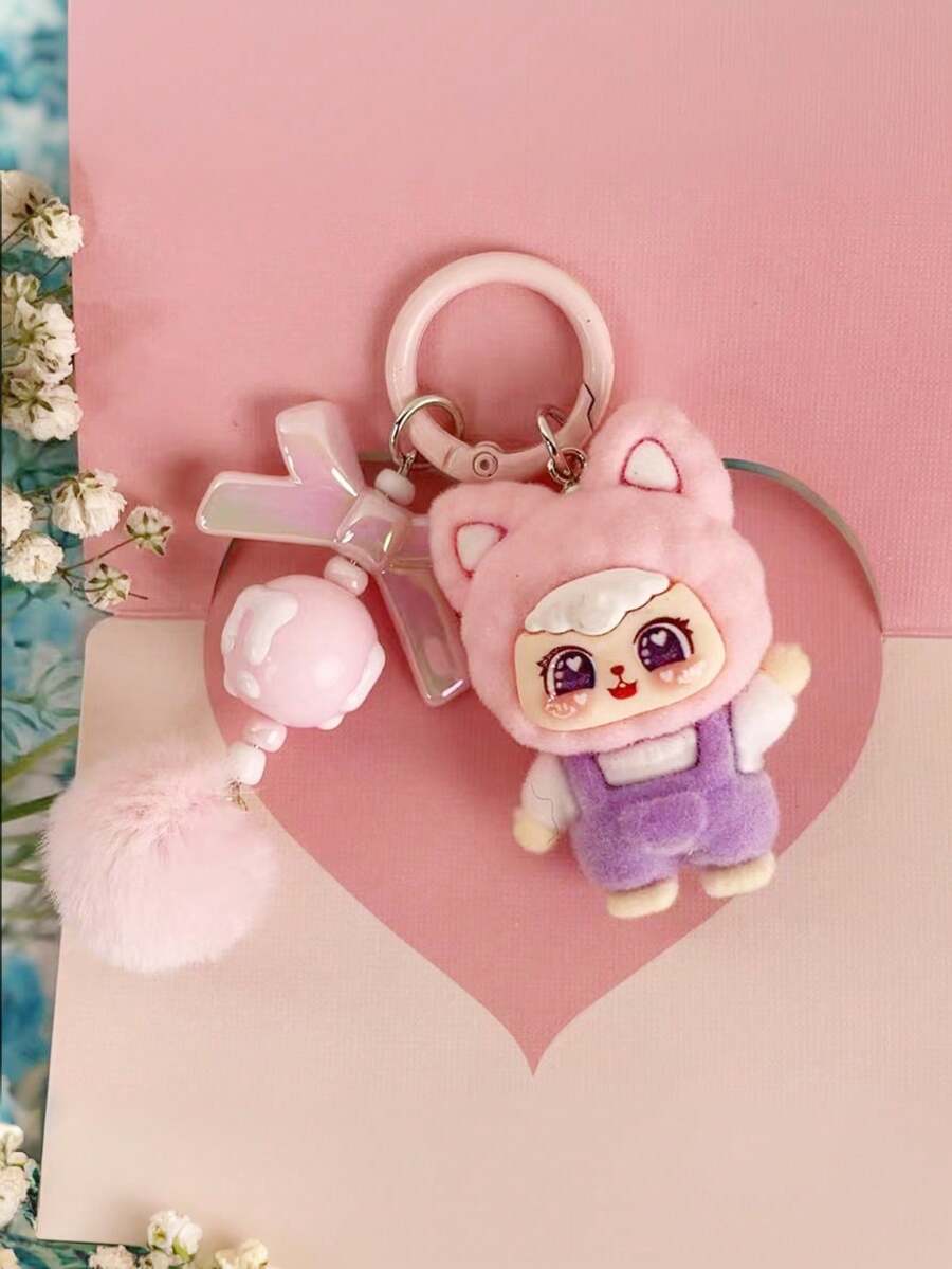 New Dopamine Waving Cat Big Ear Cute Cartoon Keychain, Unisex Adult Flocked Outer Solid Plastic Inner Key Chain, Bag Pendant, Water Bottle, Backpack, Car Decor, Daily Commute, Holiday, Birthday Gift - Multicolor - View 1