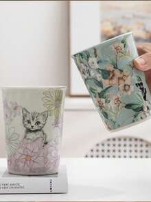 1个优质陶瓷可乐杯，创意可爱猫咪图案马克杯，适合家庭聚会、毕业派对、咖啡杯、牛奶杯、水杯、漱口杯，300毫升个人使用，中国茶具套装 - 彩色 - 查看 1