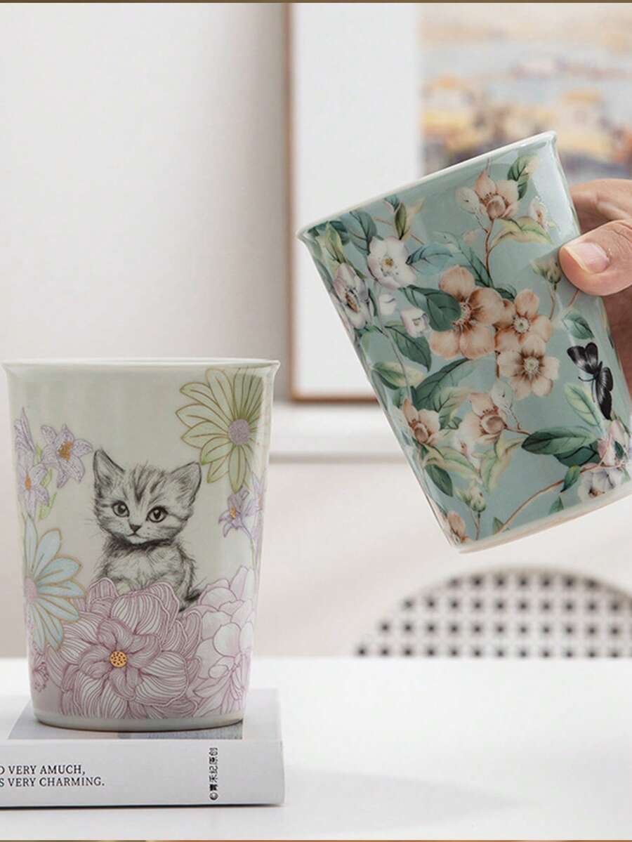 1个优质陶瓷可乐杯，创意可爱猫咪图案马克杯，适合家庭聚会、毕业派对、咖啡杯、牛奶杯、水杯、漱口杯，300毫升个人使用，中国茶具套装 - 彩色 - 查看 1