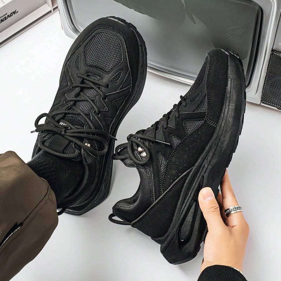 Men's Casual Sneakers, Lace-Up Soft Bottom Flat Comfortable Athletic Shoes, Lightweight Low-Top Daily Casual Outdoor Sports Shoes, Fashionable, Breathable And Lightweight New Thick-Soled Men's Shoes Suitable For Dating, Gathering, Travel, Running - Black - View 1