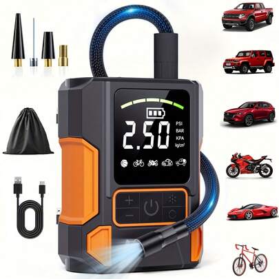 Trådlös däckpump med bärbar luftkompressor - 150 PSI sladdlös handhållen luftpump med digital tryckmätare och LED-lampa, kompakt och enkel att förvara. Biltillbehör, present till män/make/far, 7.4V 2000mAh