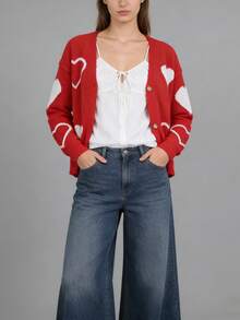 Womens Heart Cardigan Sweaters Valentines Oversized Winter Button Up Cute Knit Sweater - Red - View 3