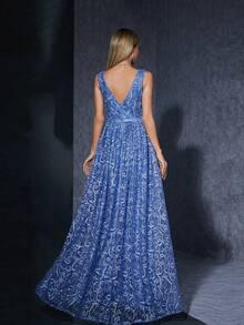 V-Neck, Embroidered Lace, Sleeveless, Front Slit, Ruffled Edge, High-End Evening Gown.Blue Dresses For Women - Blue - View 2