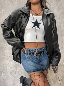 Áo khoác giả da Vibe Tone dành cho nữ, màu trơn, khóa kéo, gấu áo chun, phong cách đường phố gợi cảm, tối giản, thường ngày, hàng mới về mùa lễ hội. - màu đen - Xem 4