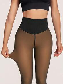 Women's Pantyhose With Single-Stitched Four-Color Fleece Lining, Black Thin Fleece-Lined Warm Pantyhose, Winter Warm And Heat-Insulating Semi-Transparent Leggings, Closed-Leg Design. - 黑透蜂蜜 - 查看 5