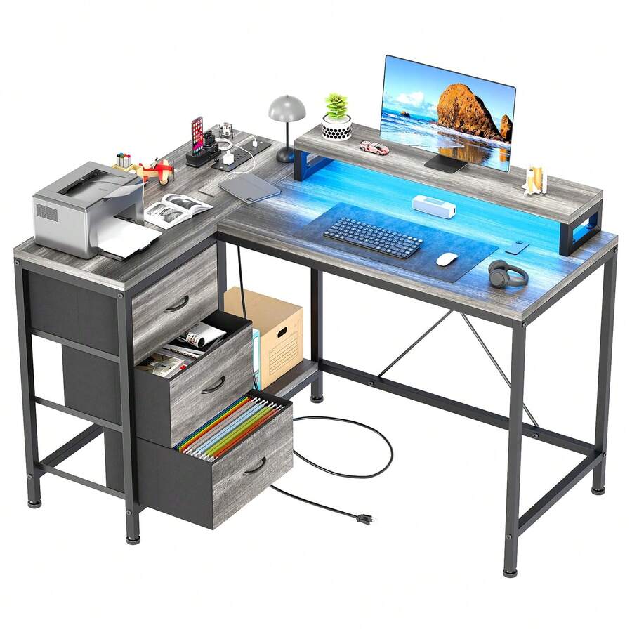 Escritorio en forma de L con tomas de corriente y luces LED, escritorio de computadora con cajones y estantes, escritorio de esquina para juegos, escritorio de oficina en casa, blanco - Gris - Ver 1