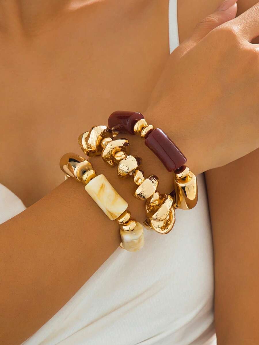3pcs Vintage Multi-Layer Brown Acrylic Beaded Bracelet & Gold Block Bracelet Set, Suitable For Women, Couples, Parties Or Daily Wear