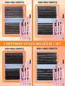 Set de gene false în formă de cluster 266/280, gene curbate în formă de D, diverse densități mixte, lungime 10-20 mm, super moi, naturale și frumoase. Trusa de instrumente pentru gene DIY include o pensetă, lipici pentru gene și o pensulă pentru gene, ușor de utilizat pentru începătorii în machiaj. Gene false pufoase portabile, potrivite pentru munca zilnică, călătorii, nunți și fotografie de portret. - Multicolor - Vizualizare 3