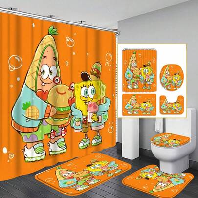 一套海绵宝宝卡通图案浴帘套装，包含12个挂钩、180*180厘米防水浴帘、防滑垫、U型马桶盖套，适用于房间、卧室、家居、浴室装饰及配件，也是节日礼物的绝佳选择。