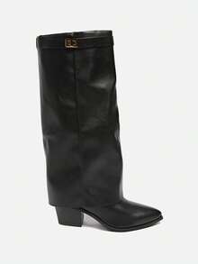 女士阔腿裤搭配尖头高筒靴，2025夏季新款西部牛仔靴 - 黑色 - 查看 4