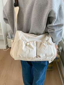 Lightweight Foldable Plaid Shoulder Bag, Casual Versatile Multi-Pocket Sweet Style Crossbody Bag, Suitable For School, College, Shopping, Short Trip, Zipper Closure, Drawstring, Pleated Crescent Design - Multicolor - View 11