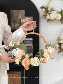 1 Set Romantic Retro Bohemian Style Artificial Rose Flower Wreath - Faux Floral Wall Hanging Decor, Valentine's Day Surprise Gift, Wedding Arch Backdrop, Restaurant Patio Decoration, Outdoor Camping Picnic Photography Prop, Reusable Silk Flower Garland, Suitable For Engagement Party, Living Room Decor, Romantic Aesthetic Home Party Essential - Multicolor - View 8