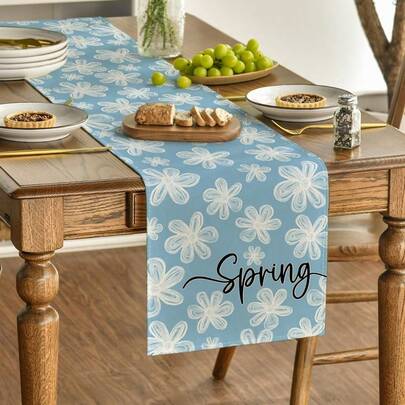 蓝色手绘雏菊春季桌旗，适合夏季厨房餐桌装饰，也适合家庭聚会，尺寸：13x35/13x47/13x72/13x90/13x108 英寸