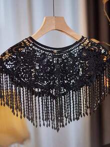 1 chiếc khăn choàng kiểu Trung Quốc màu đen ren đính cườm và tua rua, khăn choàng ren đính cườm tan trong nước tinh tế, thêu hoa, khăn choàng bolero đa năng viền ren 3D cổ điển lãng mạn, thích hợp cho các lễ hội. - Ren đen - Xem 9