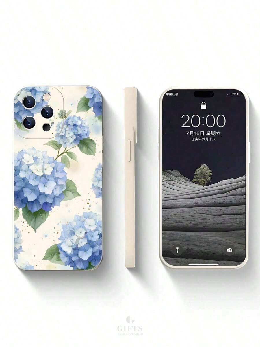 1 pieza Funda de teléfono de TPU mate con patrón floral de hortensia azul, cubierta anti-caída y a prueba de golpes con protección elevada para la cámara, resistente a los arañazos, regalo festivo para la novia o para uso personal, compatible con iPhone 17/16/15/14/13/12/11/XR/XSMAX/XS/X, Galaxy A y Galaxy S25/S24/S23/S22 Series - Blanco - Ver 1