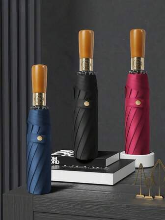 1pc Wooden Handle Automatic Folding Umbrella, Travel Umbrella, Automatic Umbrella, Business Umbrella, Sunshade Umbrella, Outdoor Travel Portable Compact Storage, Large Canopy, Windproof, UV Protection, Vintage Solid Wood Handle, 10 Ribs Reinforced Windproof, Suitable For Men And Women, Couples, Business Style, Mature Appearance, Durable Steel Frame, Automatic Open