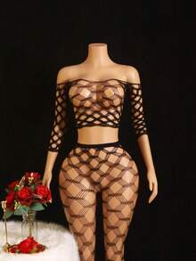 2pcs Women's Black Sleeve Bodysuit & Leggings Mesh Lingerie Set, Minimalist & Mature Style - Black - View 1