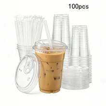 10/20/40/100 Clear Plastic Cup With Straw With Lid, Clear Drinking Cup With Lid, 16 Oz Plastic Cup, Suitable For Iced Coffee, Smoothies, Milkshakes And Any Cold Drink, Suitable For Wedding Event Parties, Outdoor Barbecues, Halloween Party, - Trong sáng - Xem 2