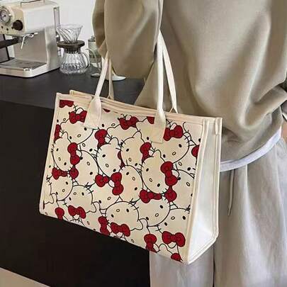  2024 New Sanrio Cartoon Kitty Cat Large Capacity Canvas Tote Bag, Fashion Handbag Shoulder Bag Shopping Bag For Women