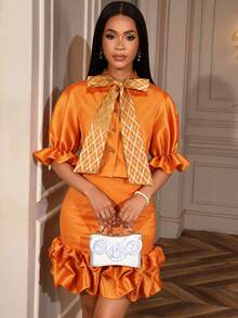 Women Chic Two Pieces Set Orange Bow Tie Puff Sleeves Tops And Ruffled Mini Skirt For Elegant Occasions Ladies 2pcs Outfits - Orange - View 3
